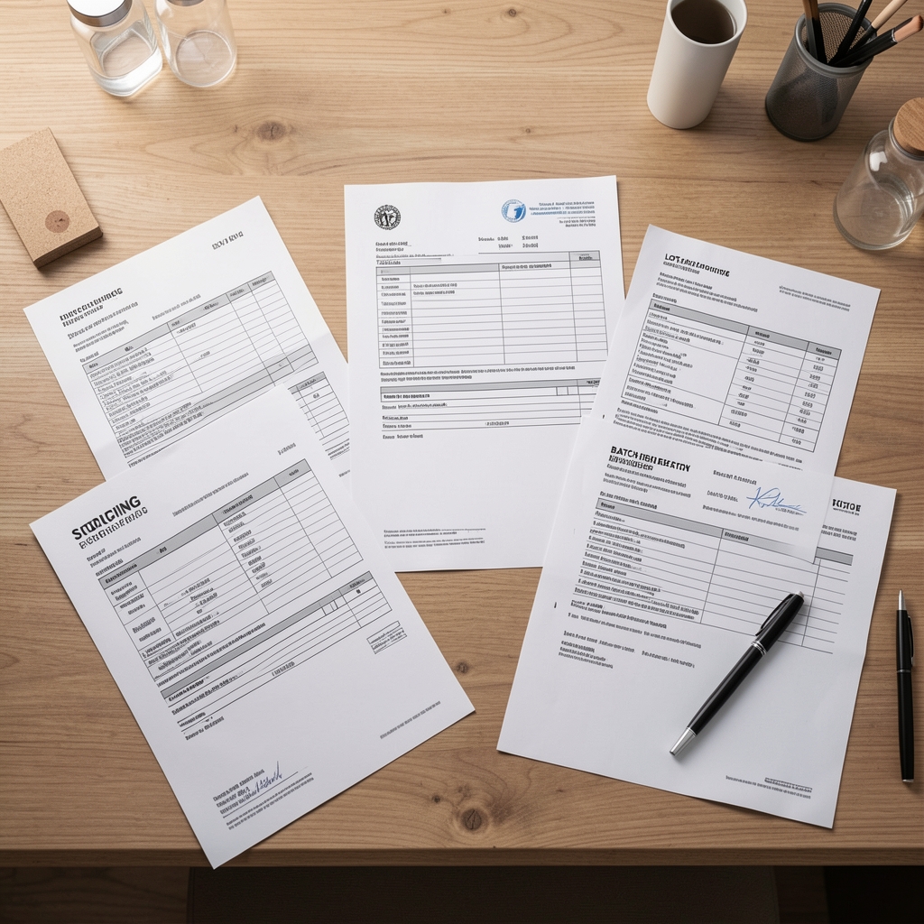 Flat-lay of ingredient sourcing documents, lot records and batch certificates spread across a wooden desk surface in clean workspace lighting