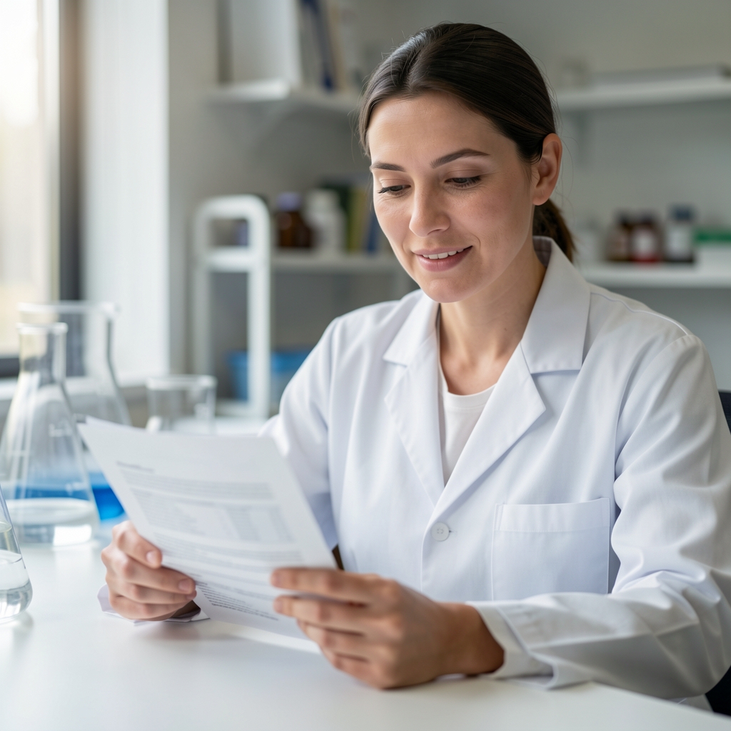 Editorial portrait of a nutrition researcher reviewing ingredient documentation at a desk in a clean workspace with controlled lighting, glass containers visible in the background