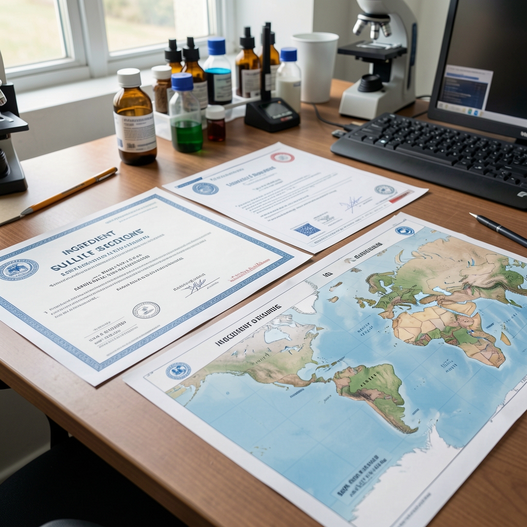 Ingredient sourcing documentation spread across a workspace desk — certificates, lot codes and regional origin maps laid flat in a quality-control environment