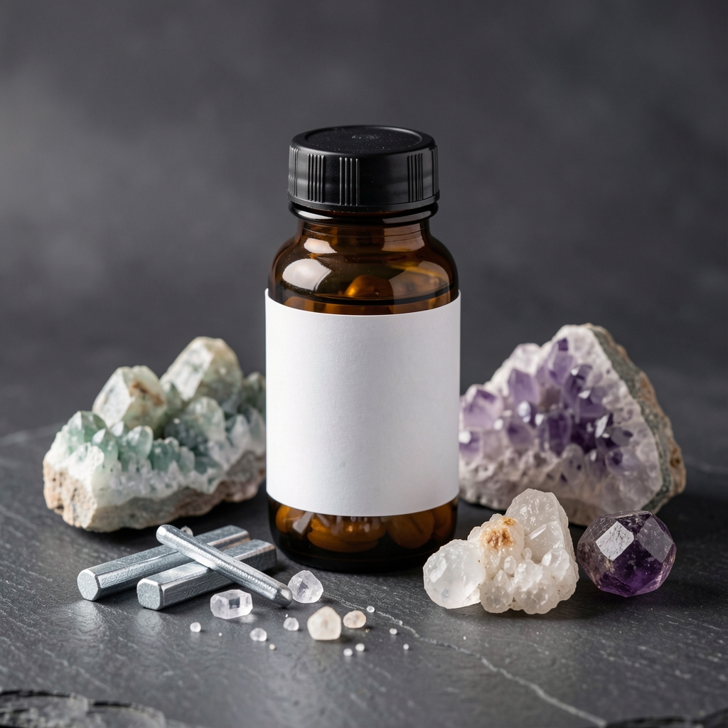 Single amber glass supplement bottle labeled Briolan Core surrounded by natural zinc and magnesium mineral source materials on a dark stone surface