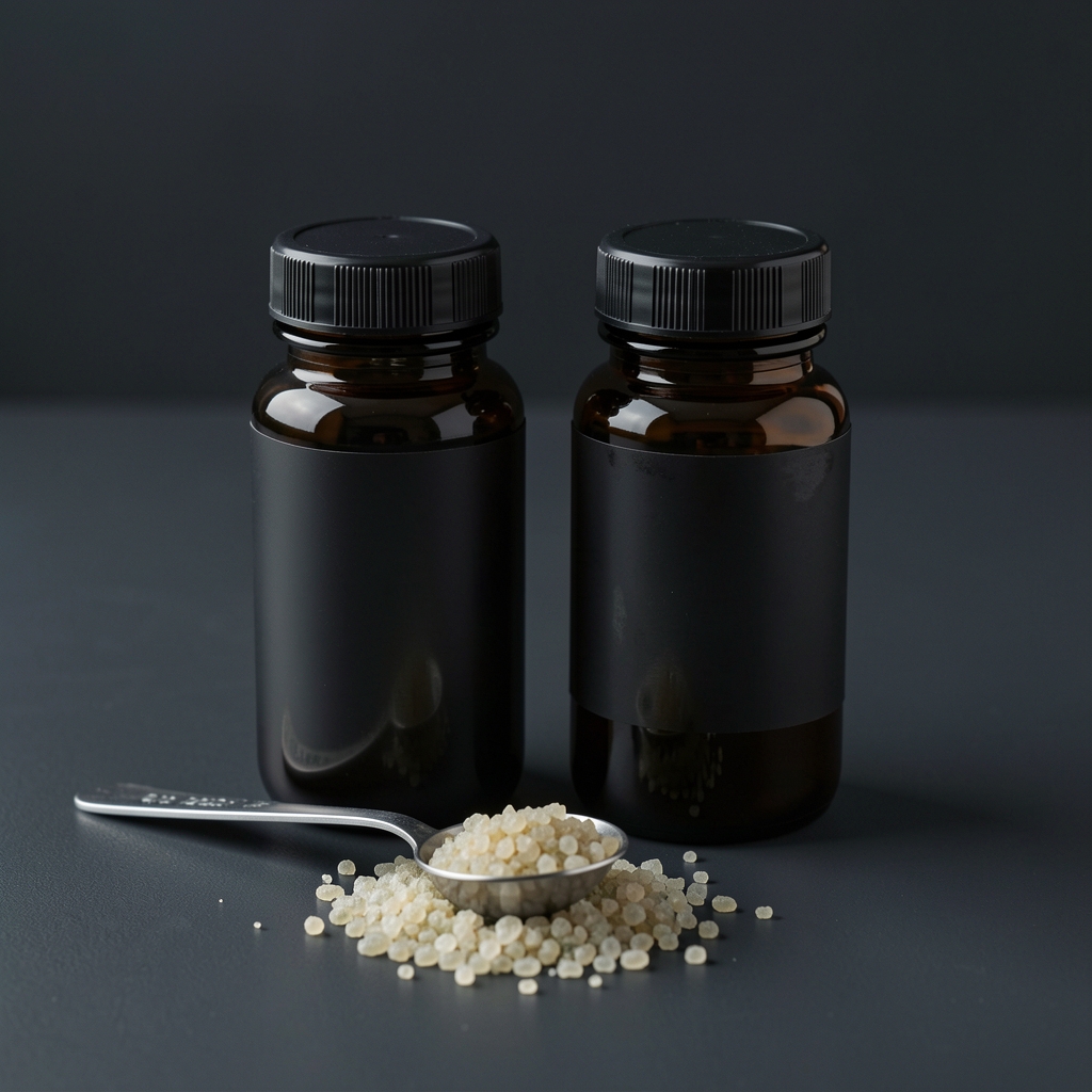 Two dark glass supplement bottles labeled Briolan Endure with a measuring spoon and mineral compound granules displayed on a clean dark workspace surface