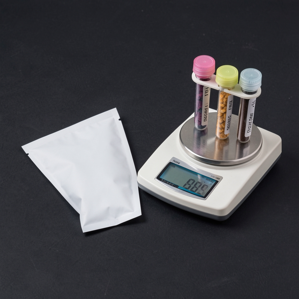 Slim white supplement packet labeled Briolan Trace beside a small laboratory-style balance and trace element sample tubes on a charcoal surface under studio lighting