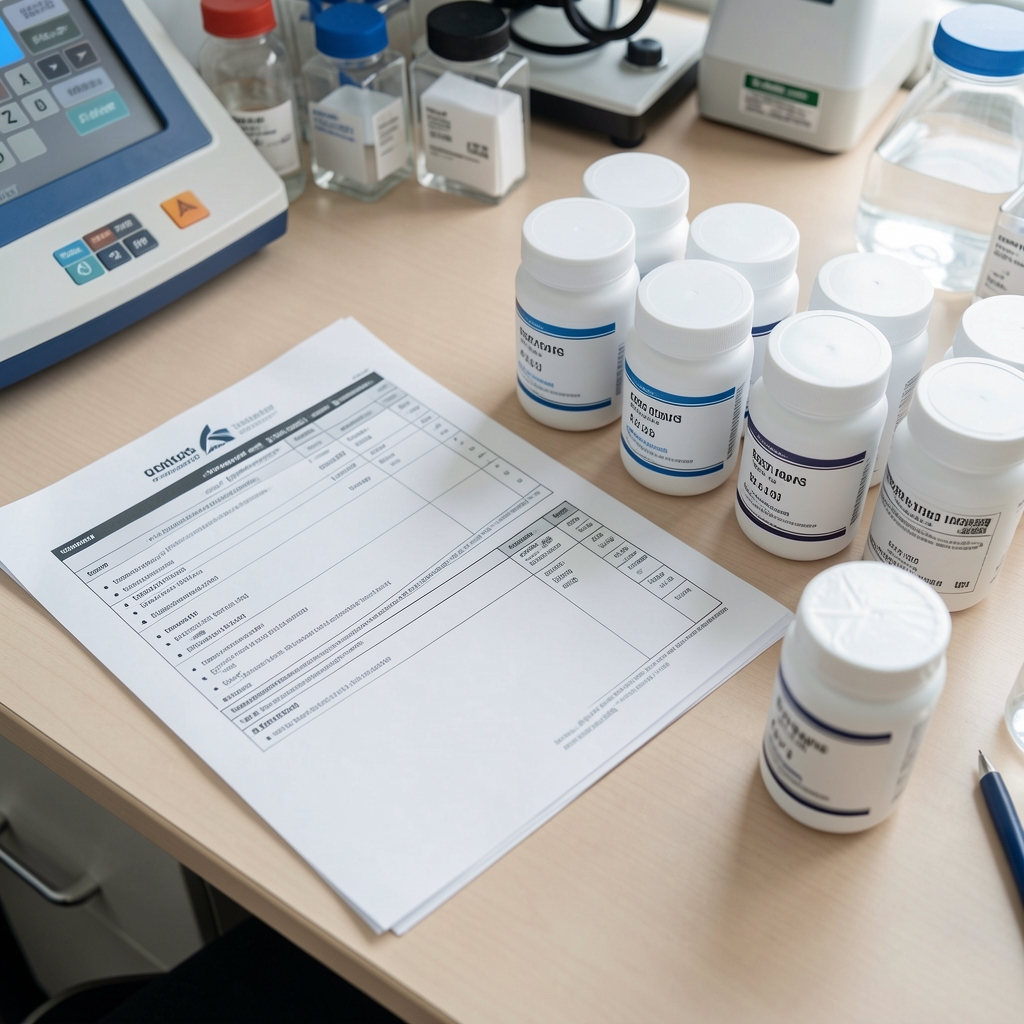 Quality control documentation spread on a desk alongside sealed supplement containers, lot code labels visible, viewed from above in a quality-control environment